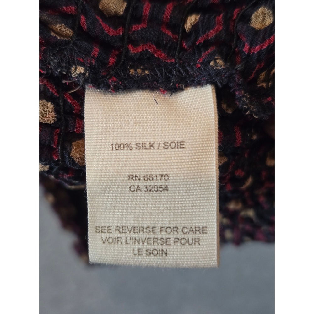 Free People Silk Blouse Women XS Burgundy Geometric Tie Neck Smocked Waist Top - Picture 3 of 11